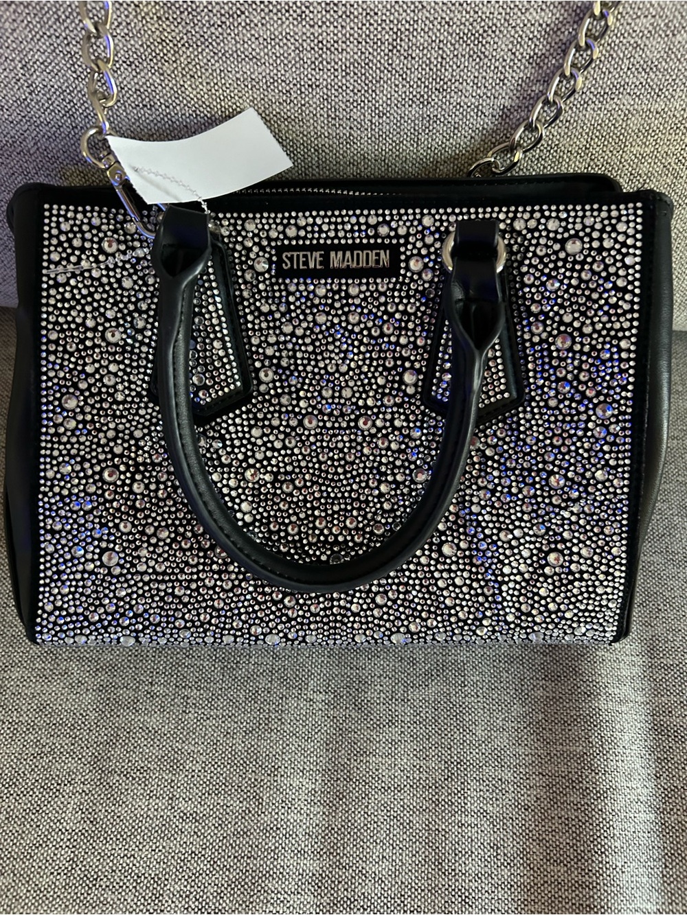 Steve Madden Black Crystal-Studded Satchel with Chain Strap